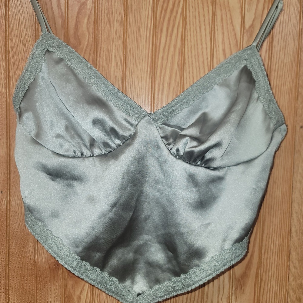 Custom Sage Green Satin Lace Trim Crop Top Tie Back Handkerchief Hem Party Small